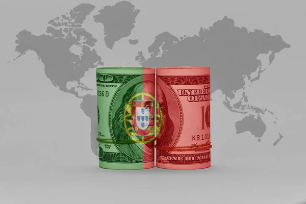 National Flag Portugal Dollar Money Banknote Gray World Map Background — Stock Photo, Image