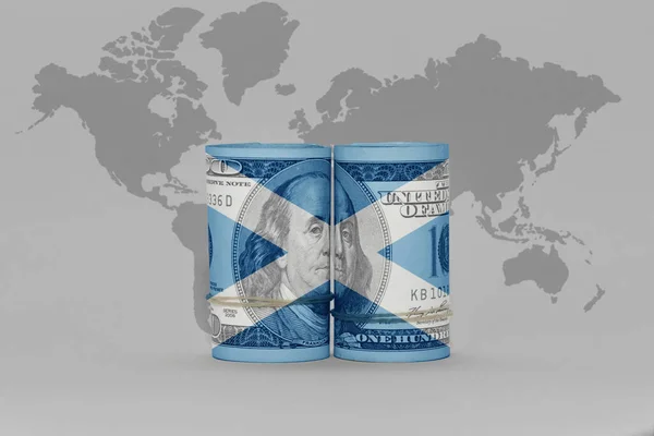 national flag of scotland on the dollar money banknote on the gray world map background .3d illustration