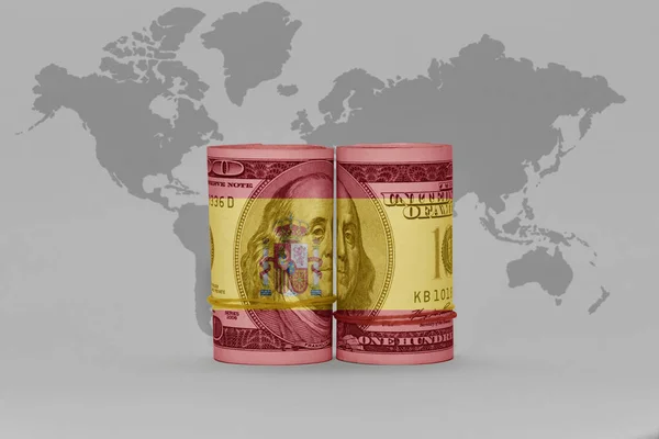 Narodowa Flaga Hiszpanii Banknot Pieniądza Dolara Szarym Tle Mapy Świata — Zdjęcie stockowe