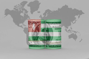Dolar üzerinde Abhazya 'nın ulusal bayrağı. Gri dünya haritasında banknot. Arka plan 3D illüstrasyon.