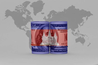 Ulusal Kamboçya bayrağı dolar üzerinde para banknotu gri dünya haritasında arka plan 3D illüstrasyon