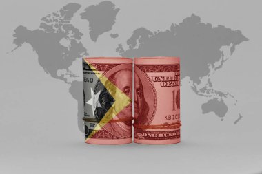Doğu Timor 'un ulusal bayrağı dolar üzerinde para banknotu gri dünya haritasında arka plan 3D illüstrasyon