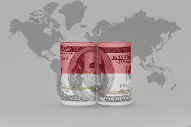 Endonezya ulusal bayrağı dolar üzerinde para banknotu gri dünya haritası arkaplan 3d illüstrasyon