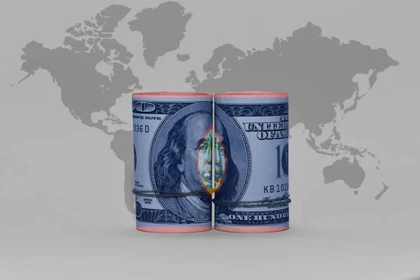 Flaga Narodowa Guam Banknot Pieniądza Dolara Szarym Tle Mapy Świata — Zdjęcie stockowe