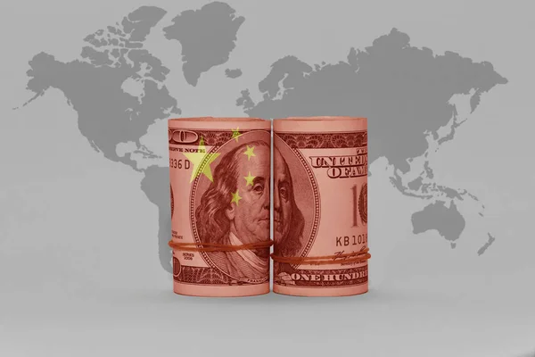 Flaga Narodowa Chin Banknot Pieniądza Dolara Szarym Tle Mapy Świata — Zdjęcie stockowe
