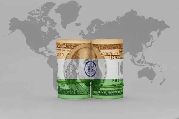 グレーの世界地図の背景にあるドル紙幣にインドの国旗が描かれています — ストック写真