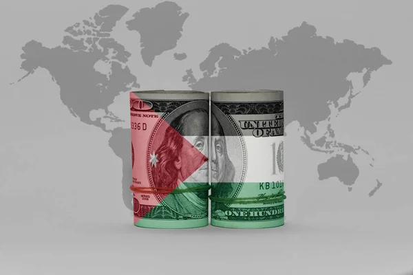 Ürdün Ulusal Bayrağı Dolar Üzerinde Para Banknotu Gri Dünya Haritası — Stok fotoğraf