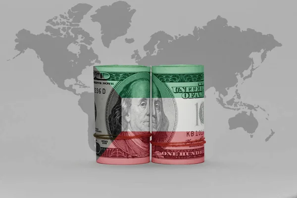 グレーの世界地図上のドル紙幣にクウェート国旗背景3Dイラスト — ストック写真