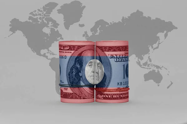 ドル紙幣のラオス国旗グレーの世界地図背景3Dイラスト — ストック写真
