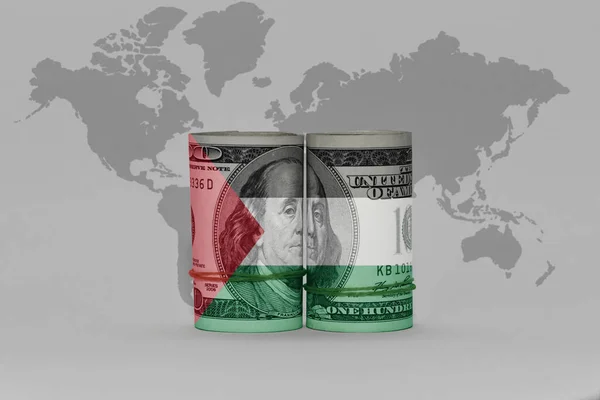 Ulusal Filistin Bayrağı Dolar Üzerinde Para Banknotu Gri Dünya Haritasında — Stok fotoğraf