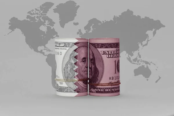 Flaga Narodowa Kataru Banknotze Pieniądza Dolara Szarym Tle Mapy Świata — Zdjęcie stockowe