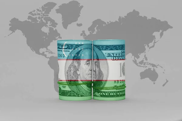 Uzbekistanの国旗ドル紙幣グレーの世界地図の背景3Dイラスト — ストック写真