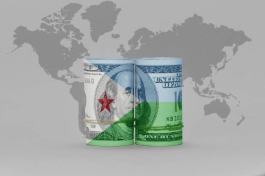 Djibouti 'nin ulusal bayrağı dolar para banknotu üzerinde Gri dünya haritası arkaplan 3D illüstrasyon