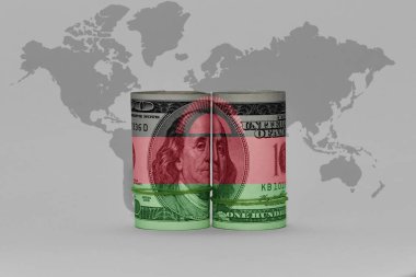 Ulusal Malawi bayrağı dolar üzerinde para banknotu gri dünya haritasında arka plan 3D illüstrasyon