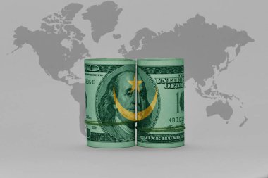 Dolar üzerinde Mauritania 'nın ulusal bayrağı. Gri dünya haritasındaki banknot. Arkaplan 3D illüstrasyon.