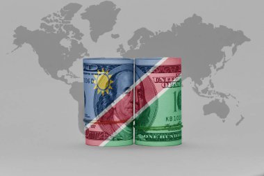 Ulusal Namibya bayrağı dolar üzerinde para banknotu gri dünya haritasında arka plan 3D illüstrasyon
