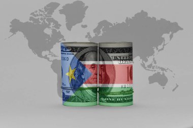 Güney Sudan ulusal bayrağı dolar üzerinde para banknotu gri dünya haritası arka plan 3d illüstrasyon