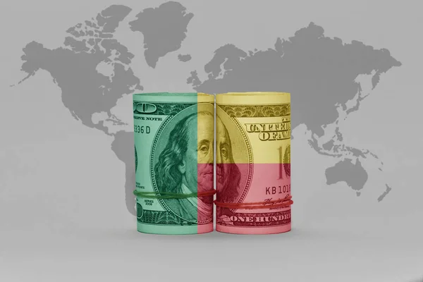Flaga Narodowa Beninu Banknot Pieniądza Dolara Szarym Tle Mapy Świata — Zdjęcie stockowe