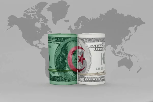 ドル紙幣のアルジェリア国旗グレーの世界地図の背景3Dイラスト — ストック写真