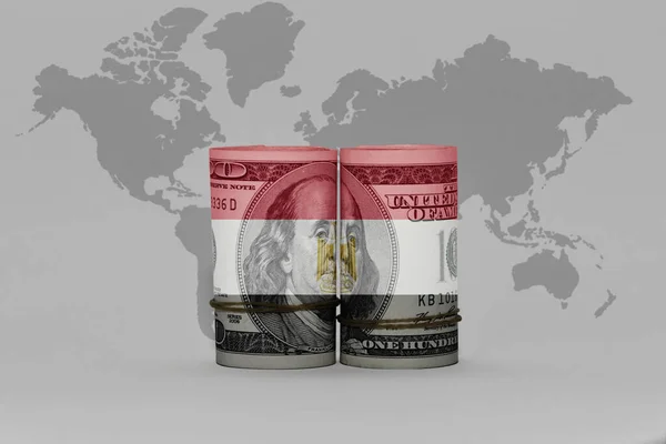 Flaga Narodowa Egiptu Banknotze Pieniądza Dolara Szarym Tle Mapy Świata — Zdjęcie stockowe