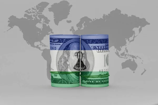 Národní Vlajka Lezota Dolarové Bankovce Pozadí Šedé Mapy Světa Ilustrace — Stock fotografie