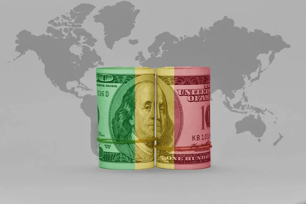 Flaga Narodowa Mali Banknot Pieniądza Dolara Szarym Tle Mapy Świata — Zdjęcie stockowe