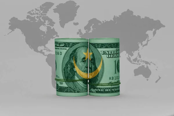 Nemzeti Zászló Mauritánia Dollár Pénz Bankjegy Szürke Világ Térkép Háttér — Stock Fotó