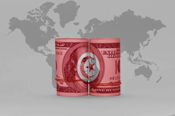 Flaga Narodowa Tunezji Banknot Pieniądza Dolara Szarym Tle Mapy Świata — Zdjęcie stockowe