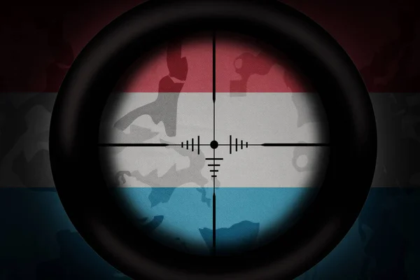 狙击手瞄准镜瞄准卡其布质感背景上的国家奢侈旗 军事概念 3D说明 — 图库照片