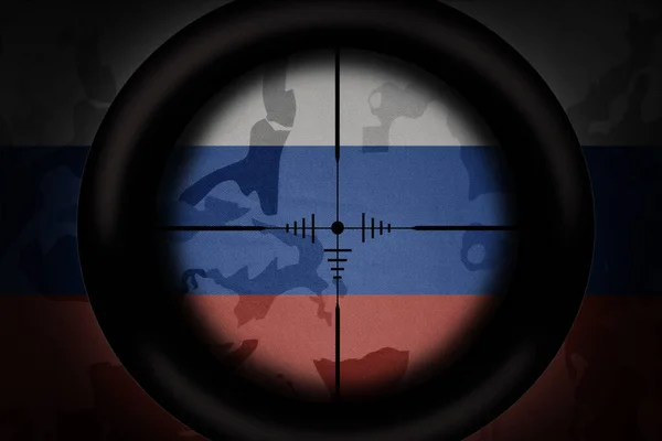 Âmbito Sniper Destinado Bandeira Nacional Rússia Sobre Fundo Textura Cáqui — Fotografia de Stock