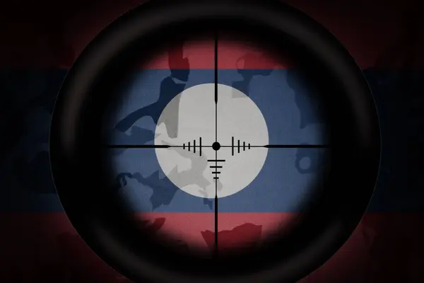 Снайперский Прицел Нацелен Национальный Флаг Лаоса Фоне Текстуры Хаки Военная — стоковое фото