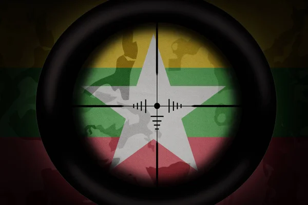 Sniper Scope Aimed National Flag Myanmar Khaki Texture Background Military — Stock Photo, Image