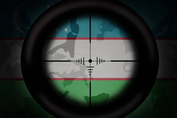 Sniper Scope Aimed National Flag Uzbekistan Khaki Texture Background Military — Stock Photo, Image