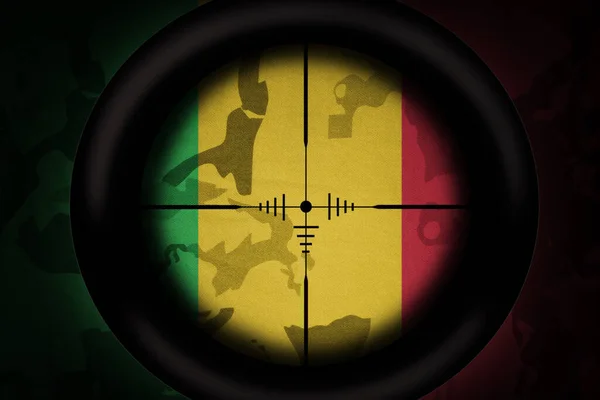 狙击手瞄准镜瞄准卡其布质感背景上的马来国旗 军事概念 3D说明 — 图库照片