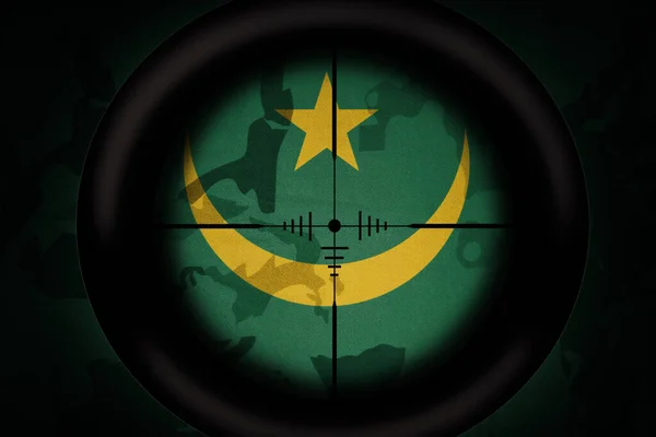 Oblast Působnosti Ostřelovače Zaměřená Mauritánskou Vlajku Pozadí Khaki Textury Vojenský — Stock fotografie
