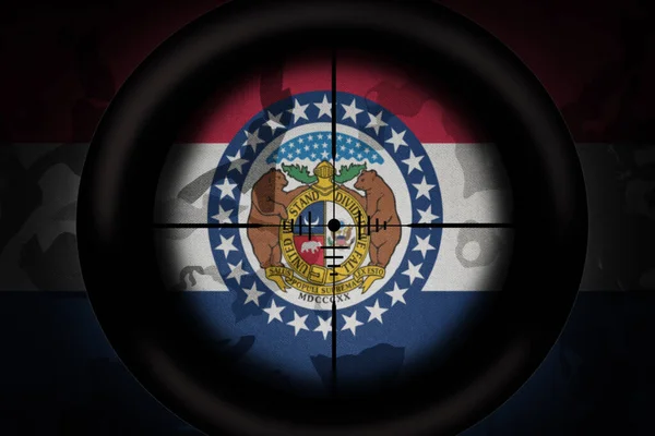 Černý Odstřelovač Zaměřený Stát Vlajky Missouri Pozadí Khaki Textury Vojenský — Stock fotografie