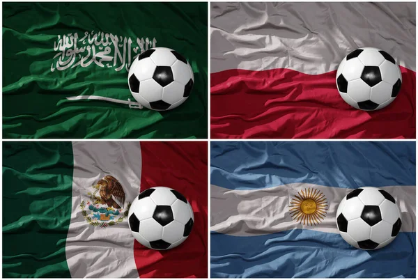 Csoport Reális Labdarúgó Labdák Nemzeti Zászlók Argentina Szaúd Arábia Mexikó — Stock Fotó