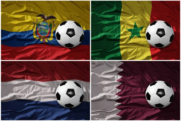 Csoport Reális Labdarúgó Labdák Nemzeti Zászlók Katar Ecuador Szenegál Alföld — Stock Fotó