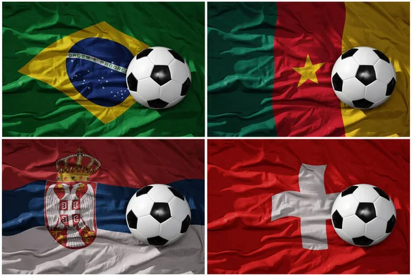 Csoport Realisztikus Futball Labdák Nemzeti Zászlókkal Brazil Szerb Svájci Operatőr — Stock Fotó