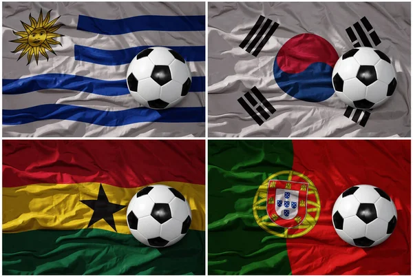 Csoport Reális Labdarúgó Labdák Nemzeti Zászlók Portugál Ghána Uruguay Dél — Stock Fotó