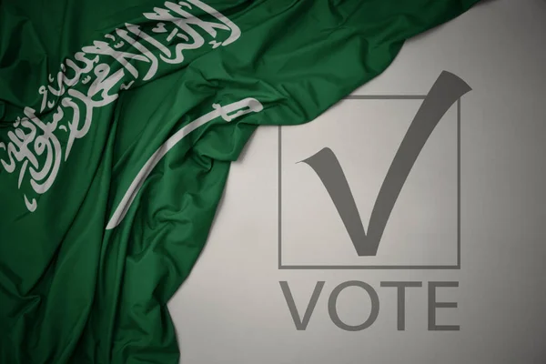 Ondeando Colorida Bandera Nacional Arabia Saudí Sobre Fondo Gris Con —  Fotos de Stock
