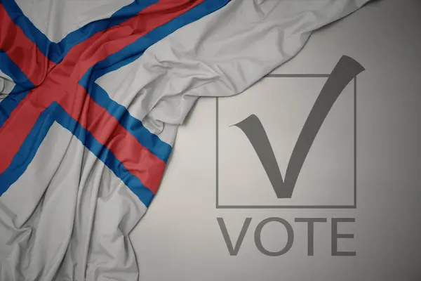 用文字投票的方式 在灰色背景上飘扬着五彩缤纷的法罗群岛国旗 选举概念 3D插图 — 图库照片