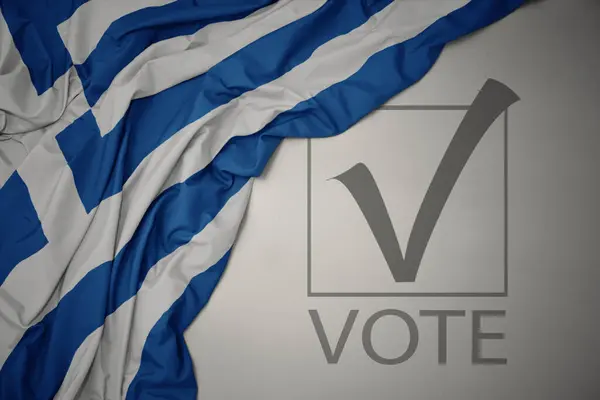 Schwenken Bunte Griechische Nationalflaggen Auf Grauem Hintergrund Mit Textstimme Wahlkonzept — Stockfoto