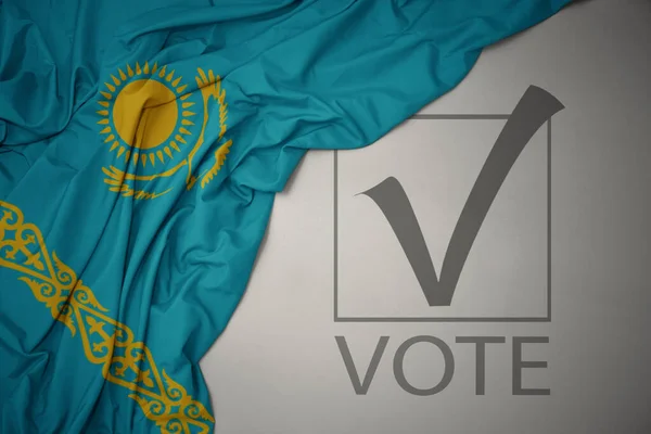 Waving Colorful National Flag Kazakhstan Gray Background Text Vote Election — Stock Photo, Image