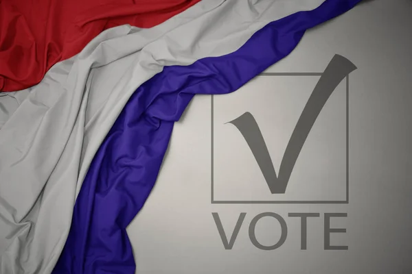 Махаючи Барвистим Національним Прапором Нідерландів Сірому Фоні Текстовим Голосуванням Концепція — стокове фото