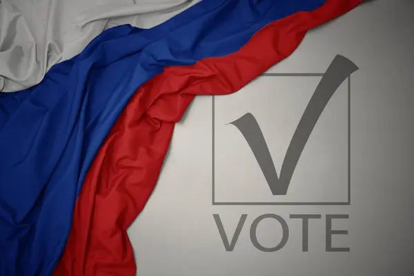 Machanie Kolorową Flagą Narodową Rosji Szarym Tle Głosowaniem Tekstowym Koncepcja — Zdjęcie stockowe