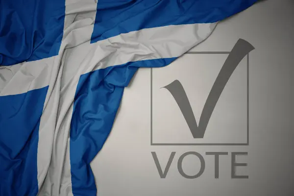 Machanie Kolorową Flagą Szkocji Szarym Tle Głosowaniem Tekstowym Koncepcja Wyborów — Zdjęcie stockowe