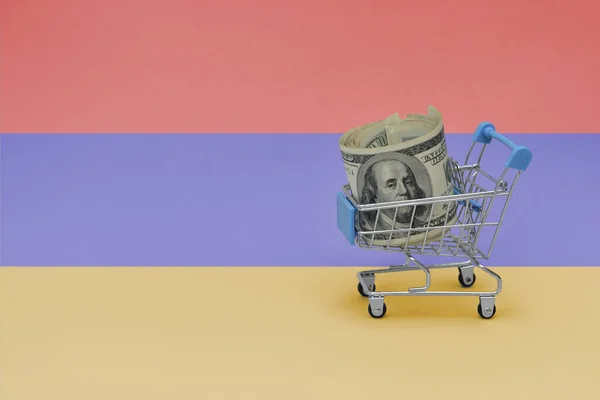 Fém Bevásárlókosár Nagy Dollárral Bankjegy Örmény Háttér Nemzeti Zászlója Alatt — Stock Fotó