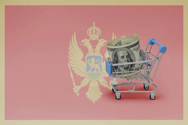 Корзина Металлических Покупок Крупными Банкнотами Государственном Флаге Черногории Концепция Потребительской — стоковое фото