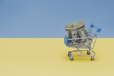 Ukrayna 'nın ulusal bayrağında yüklü miktarda para bulunan metal alışveriş sepeti. Tüketici sepeti kavramı. 3d illüstrasyon